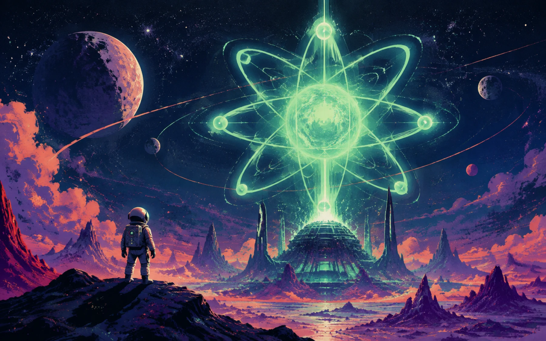 An astronaut facing a giant glowing atomic structure in an alien world